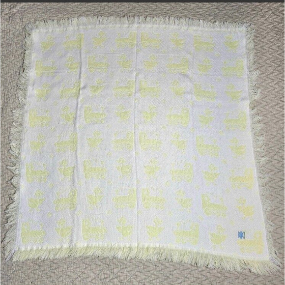 Vtg Baby Blanket Yellow White Ducks Train Waffle Fringe Japan 43"x43" FRIEMANIT - Picture 3 of 12